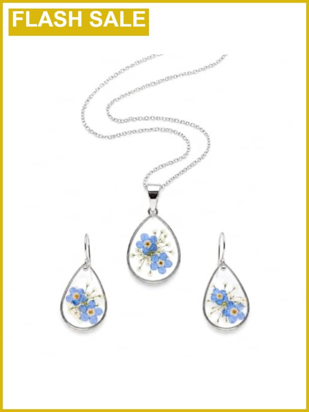 Handmade Pressed Wildflower Jewelry Set Teardrop Earrings Necklace